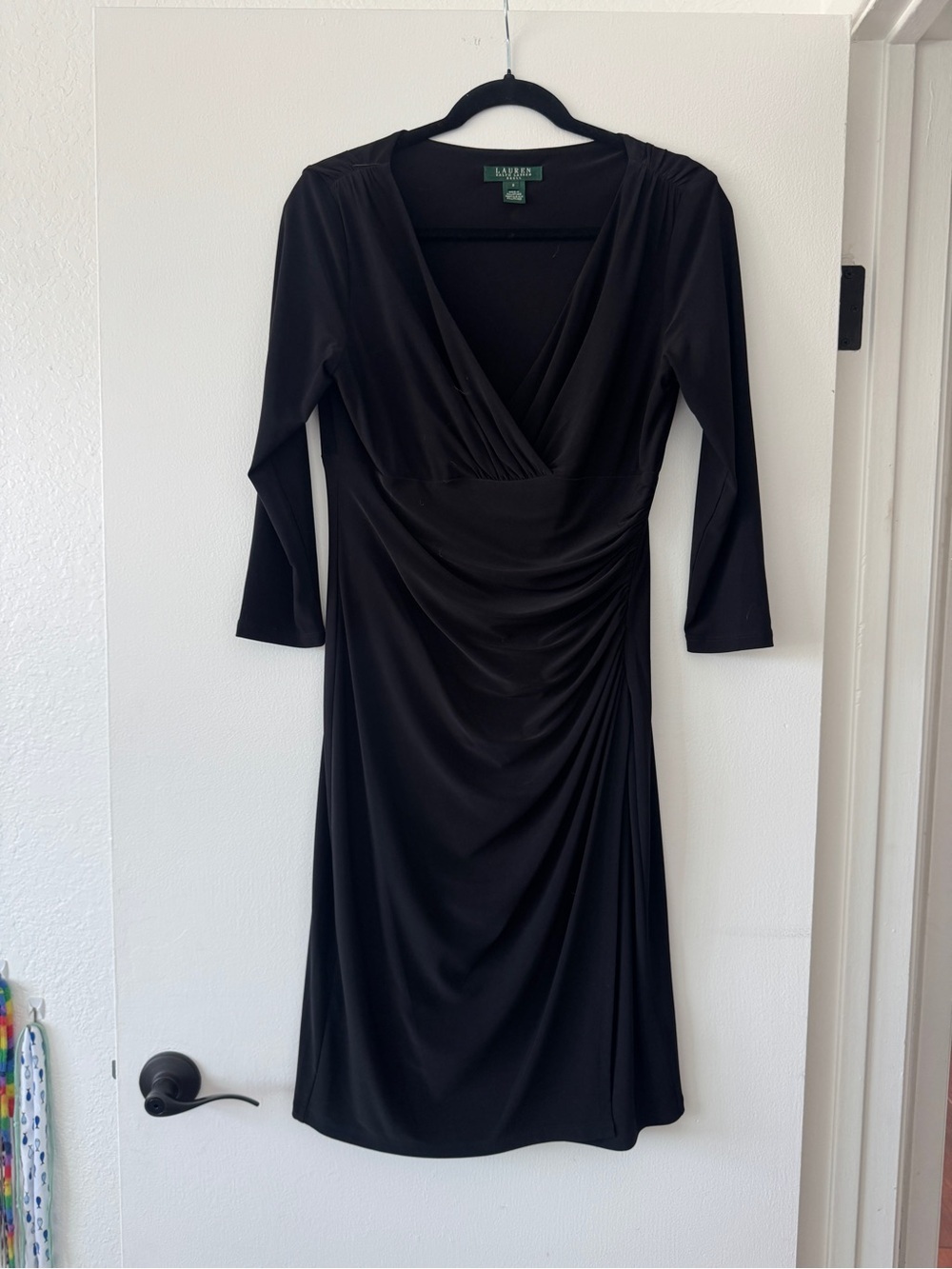 Ralph Lauren Black Ruched Faux Wrap Dress | Size 8 | Classic Career & Cocktail